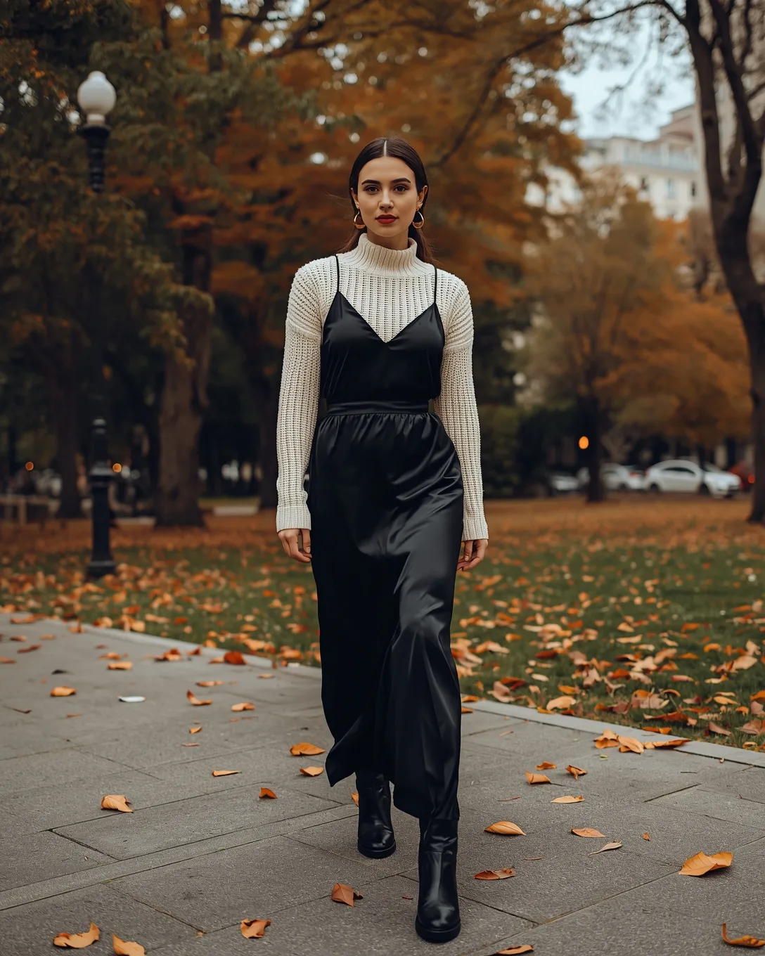 Woman wearing a slip maxi dress layered under a chunky cream sweater with ankle boots in an autumn park