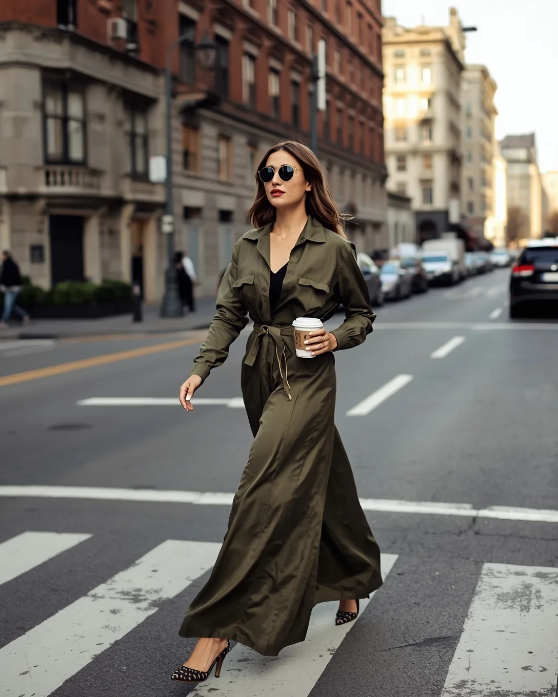 Woman in a crisp olive shirt-dress maxi with a belt crossing a city street with coffee