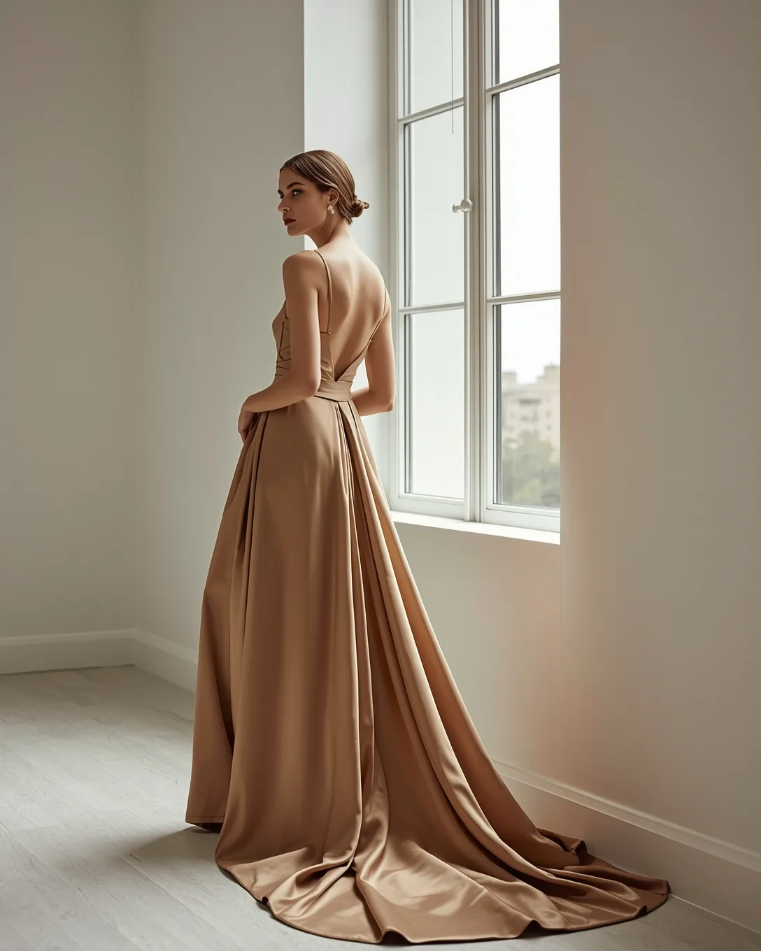 Woman in a bias-cut champagne slip maxi dress by a tall window in evening light